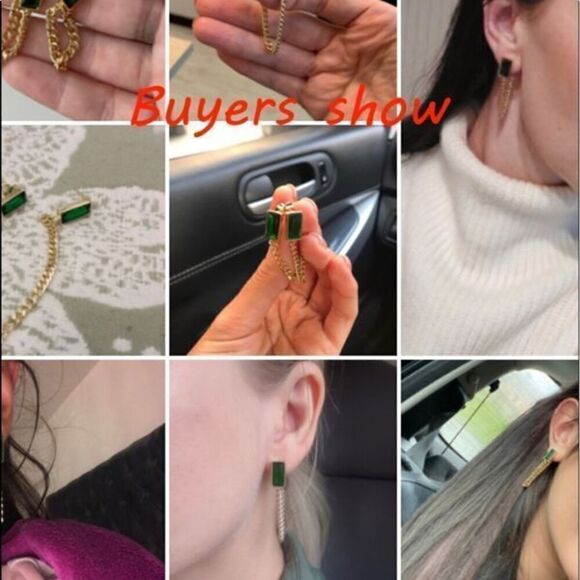 The Champion Square Emerald Crystal Gold Chain Dangle drop Earrings - Picture 9 of 11